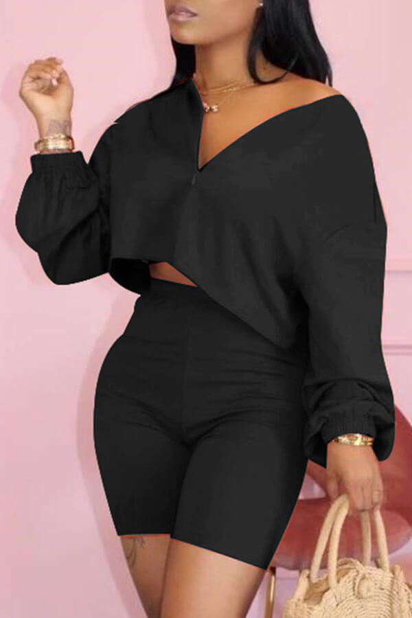 

LW BASICS Zipper Design Black Shorts Set