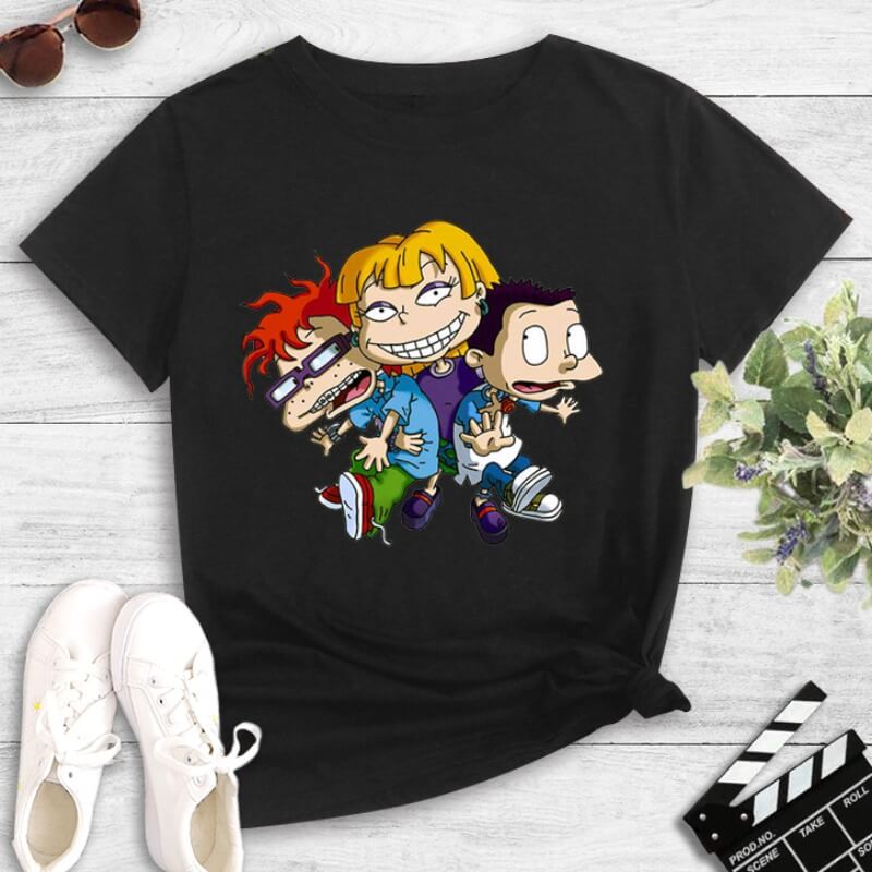 

Lovely Leisure O Neck Cartoon Print Black T-shirt