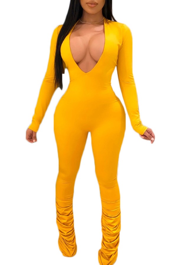 

Lovely Trendy Deep V Neck Fold Design Yellow One-piece Jumpsuit