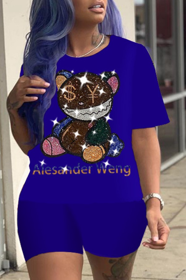 

Lovely Leisure O Neck Cartoon Deep Blue Two-piece Shorts Set