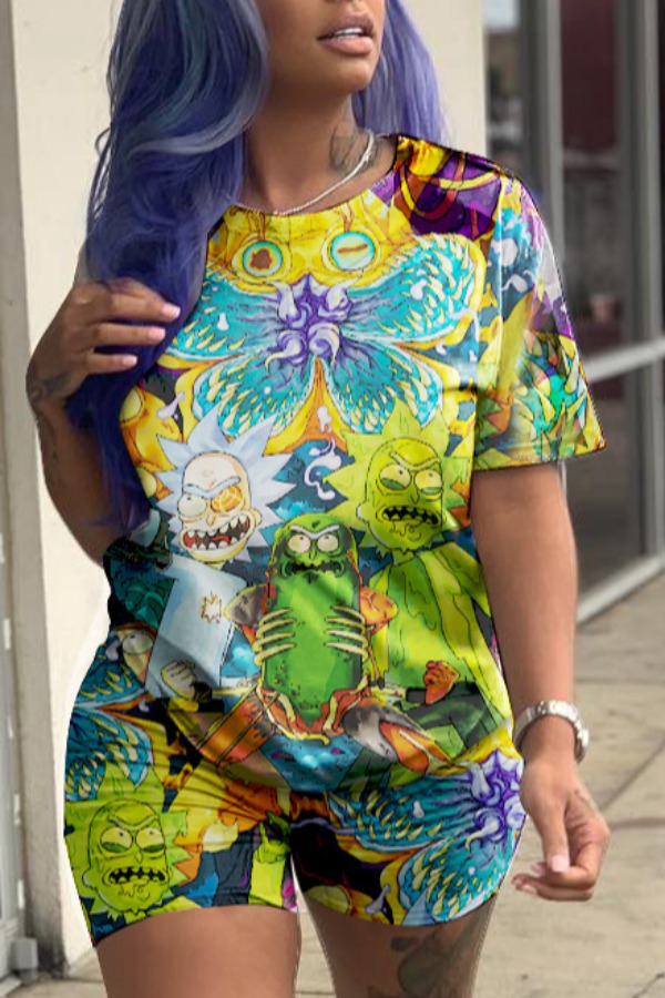 

Lovely Leisure O Neck Cartoon Print Yellow Two-piece Shorts Set
