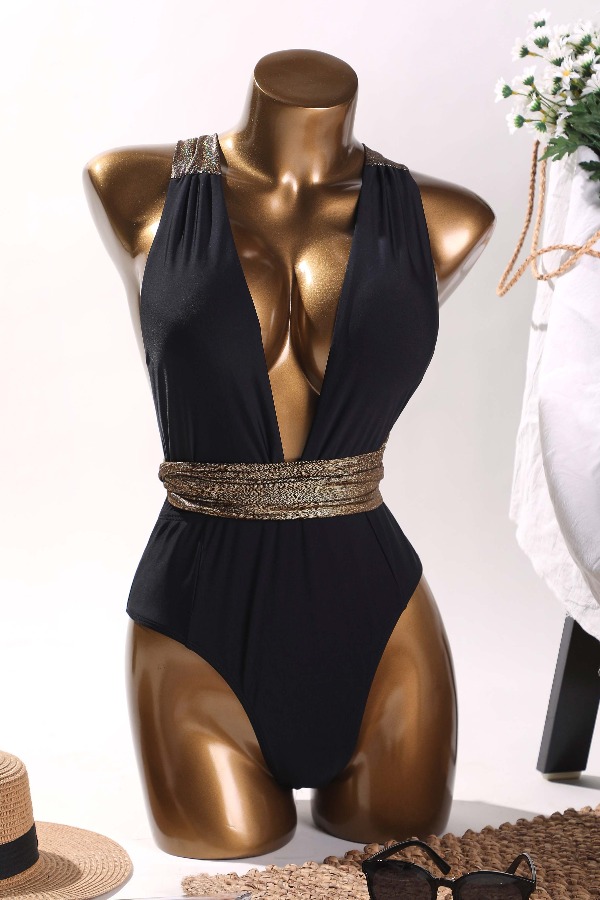 

Lovely Patchwork Black One-piece Swimsuit