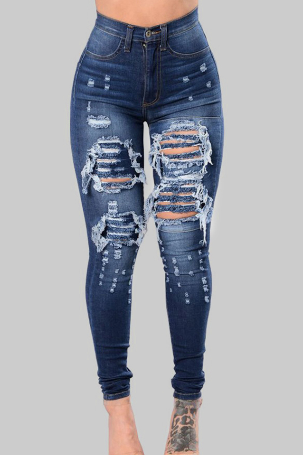 

Lovely Casual Hollow-out Deep Blue Plus Size Jeans