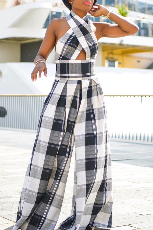 

Lovely Trendy Grid Print White One-piece Jumpsuit
