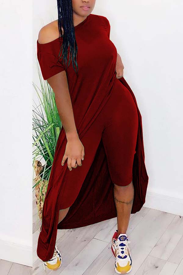

Lovely Casual Asymmetrical Wine Red Two-piece Shorts Set