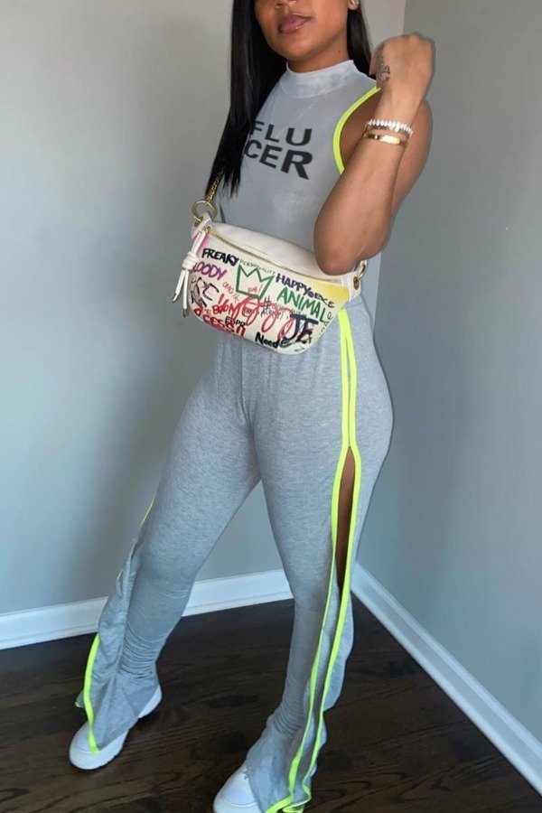 

Lovely Sportswear Side High Slit Grey Two-piece Pants Set