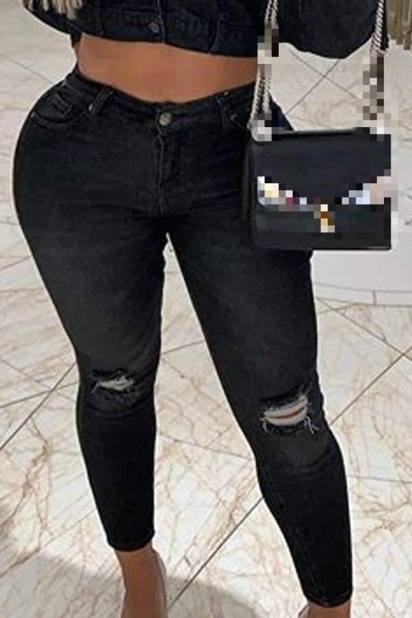 

Lovely Trendy Hollow-out Black Jeans