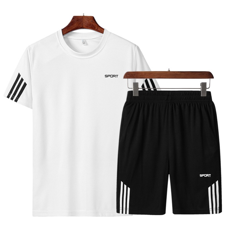 

Men Lovely Casual Striped White Two-piece Shorts Set