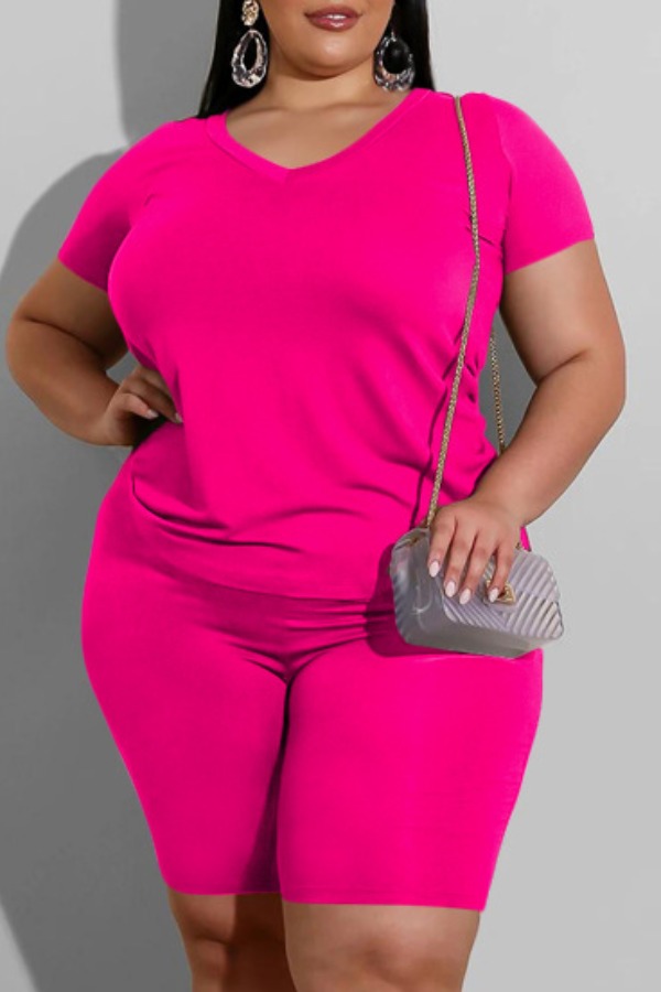 

Lovely Casual Basic Rose Red Plus Size Two-piece Shorts Set