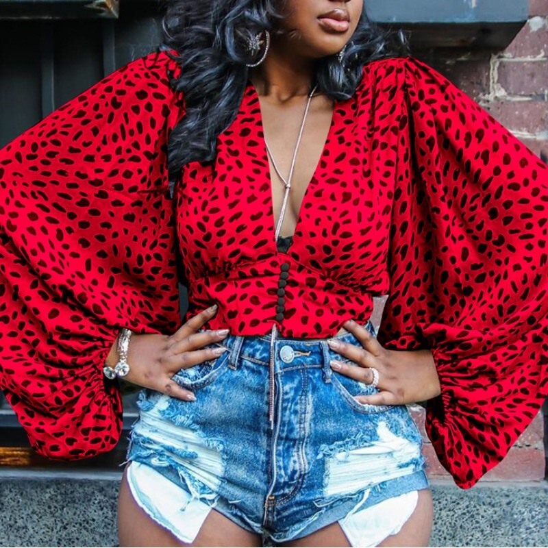

LW BASICS Trendy V Neck Print Red Blouse