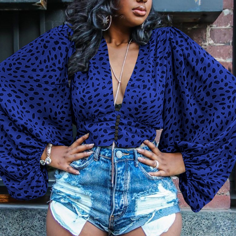 

Lovely Trendy V Neck Print Blue Blouse