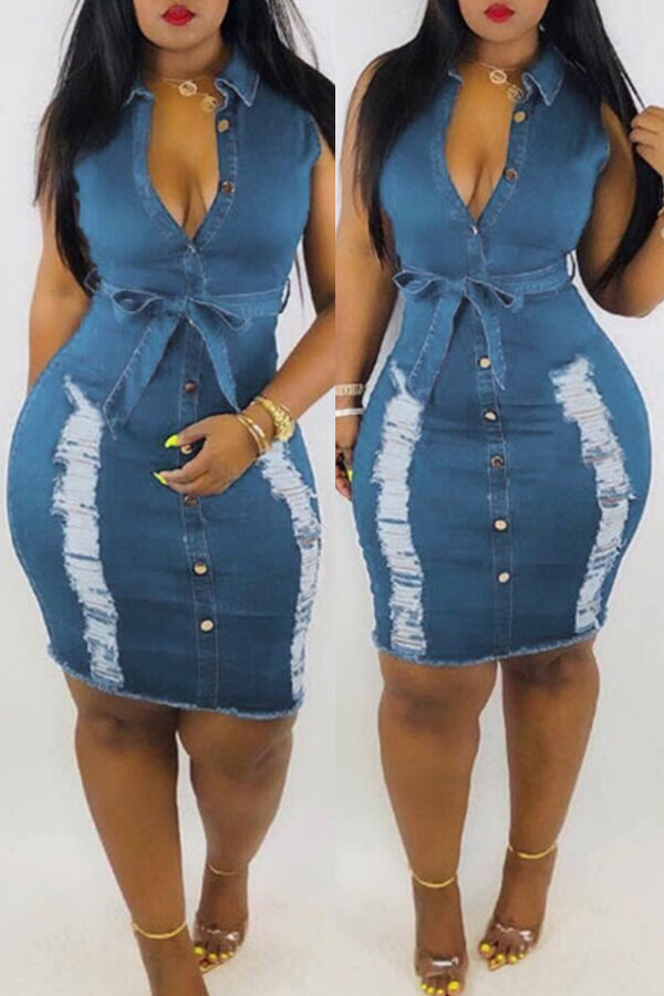 LW Plus Size Stylish Broken Holes Baby Blue Knee Length Dress