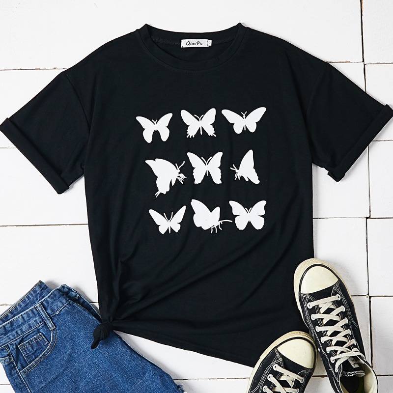 

Lovely Casual O Neck Butterfly Print Black T-shirt