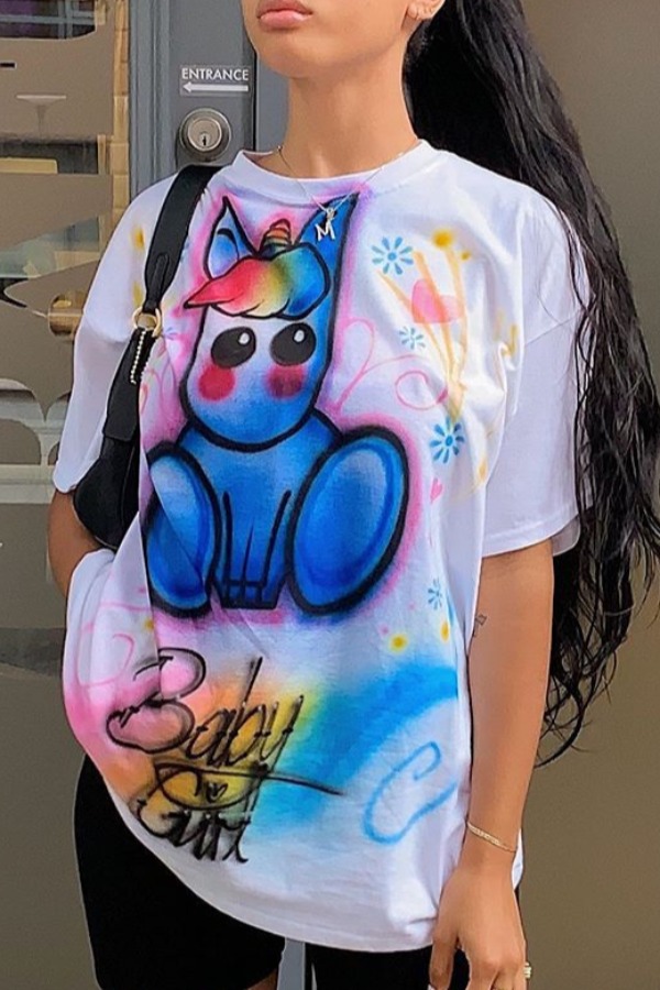 

Lovely Casual Cartoon Print White T-shirt