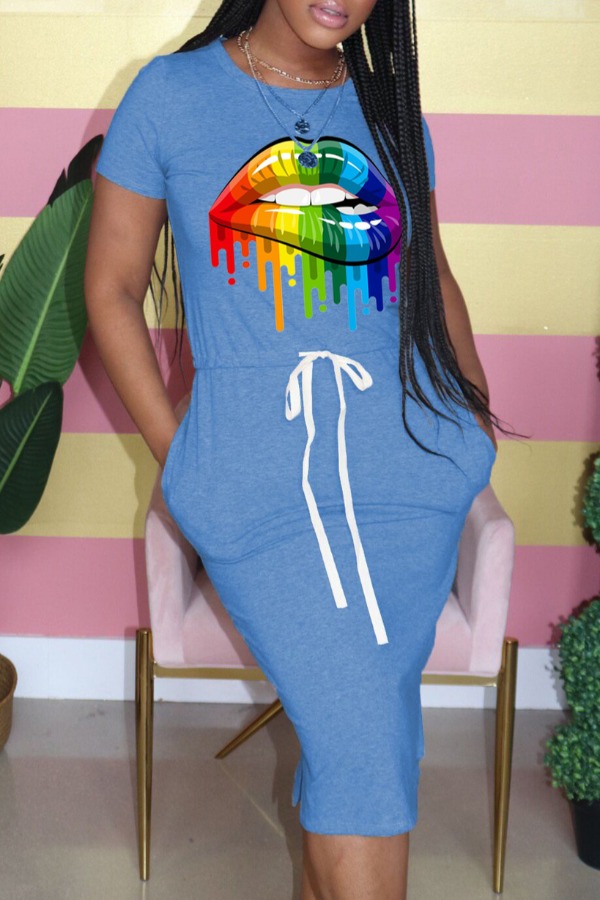 

Lovely Casual Lip Print Baby Blue Knee Length Dress