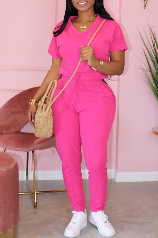 

Lovely Sportswear Lace-up Rose Red Plus Size Two-piece Pants Set