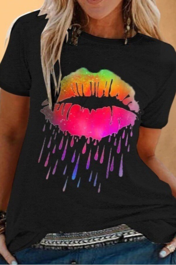 

LW Plus Size Casual Lip Print Black T-shirt