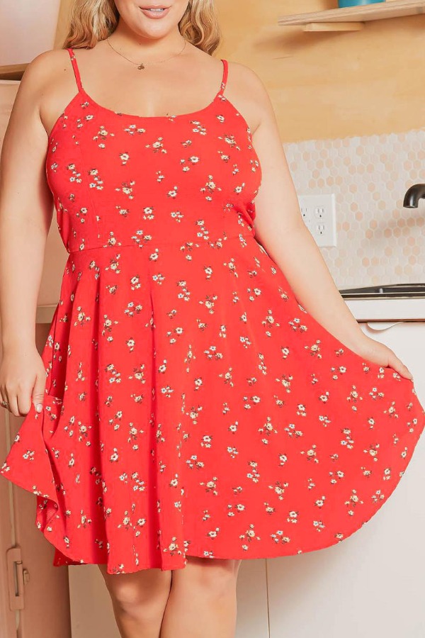 

Lovely Trendy Floral Print Red Knee Length Plus Size Dress