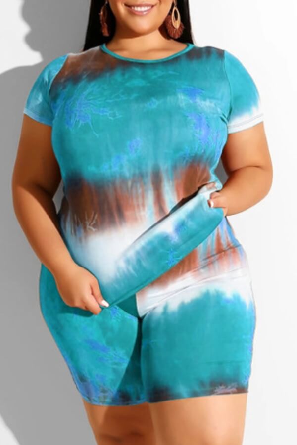 

Lovely Trendy Tie-dye Blue Plus Size Two-piece Shorts Set