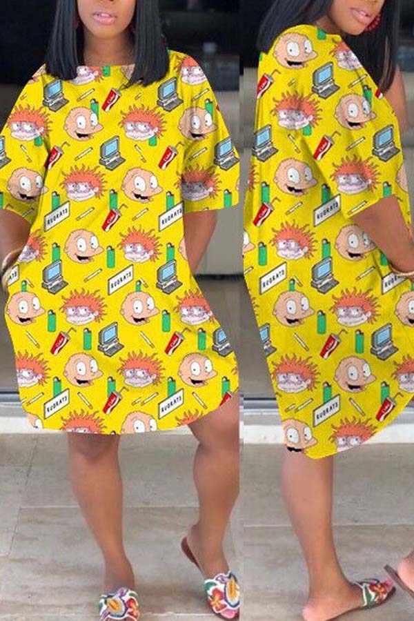 

Lovely Casual Cartoon Print Yellow Knee Length Plus Size Dress