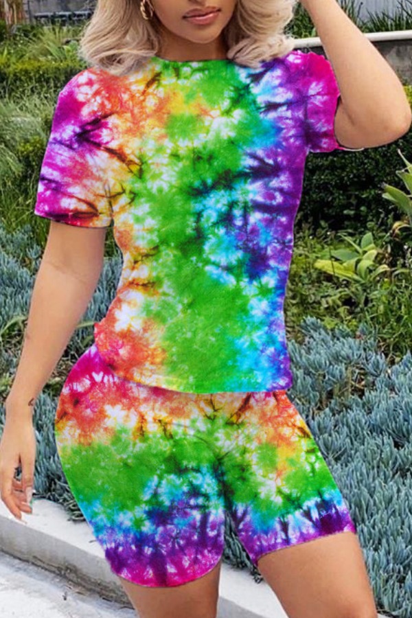 

Lovely Leisure Tie-dye Green Two-piece Shorts Set
