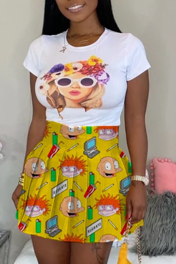 

Lovely Leisure Cartoon Print Yellow Two-piece Skirt Set