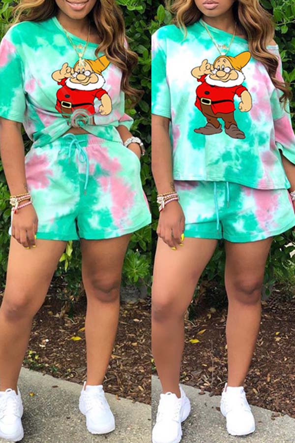 

Lovely Leisure Cartoon Print Green Two-piece Shorts Set