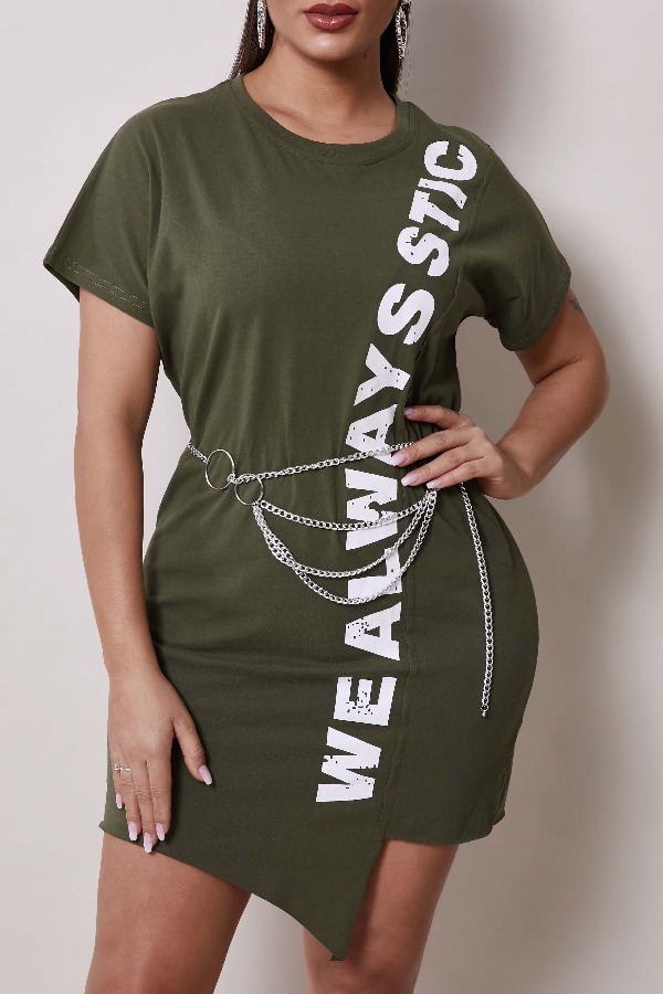 

Lovely Casual Letter Asymmetrical Army Green Mini Dress