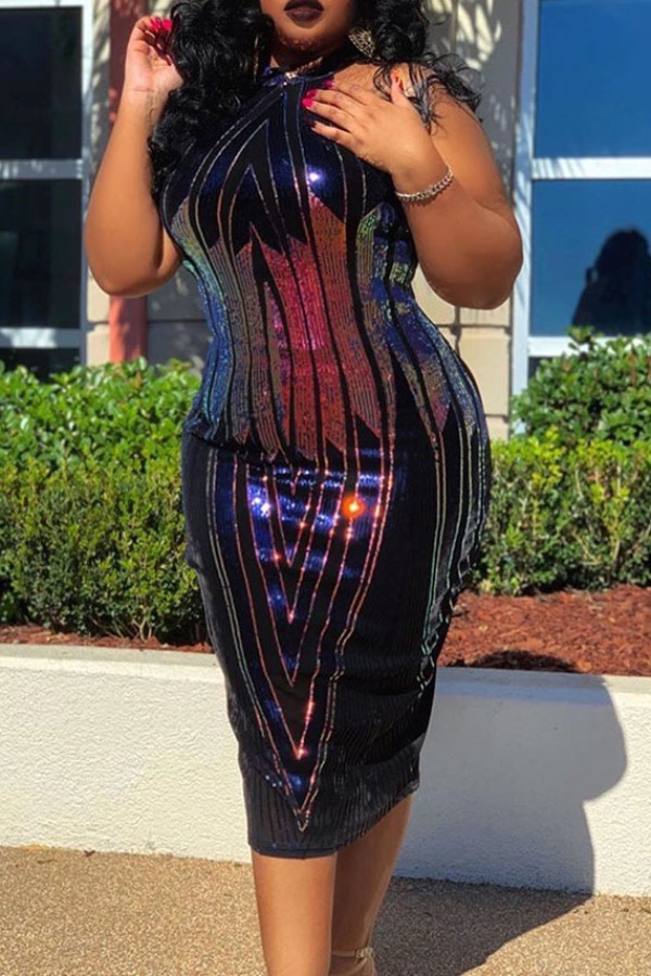 

Lovely Casual Sequined Purple Mid Calf Plus Size Dress