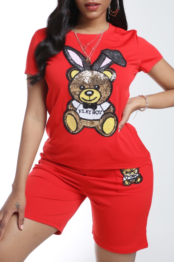 

Lovely Casual Cartoon Print Red Two-piece Shorts Set