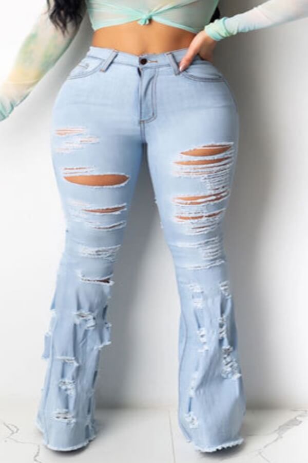

Lovely Casual Hollow-out Baby Blue Plus Size Jeans