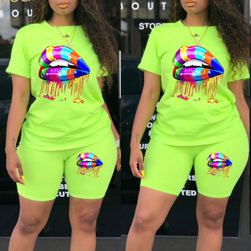 

Lovely Casual Lip Print Carbon Green Plus Size Two-piece Shorts Set
