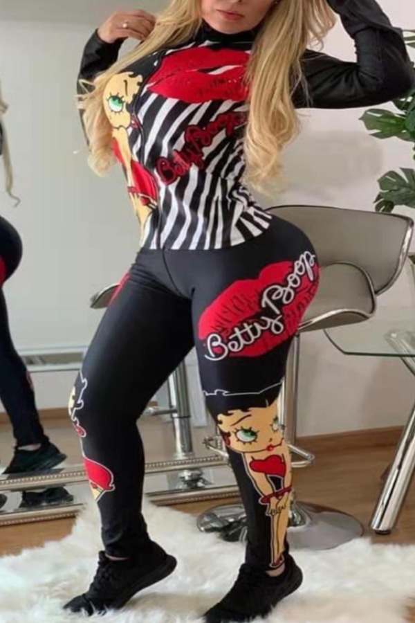 

Lovely Stylish Print Black Plus Size Two-piece Pants Set