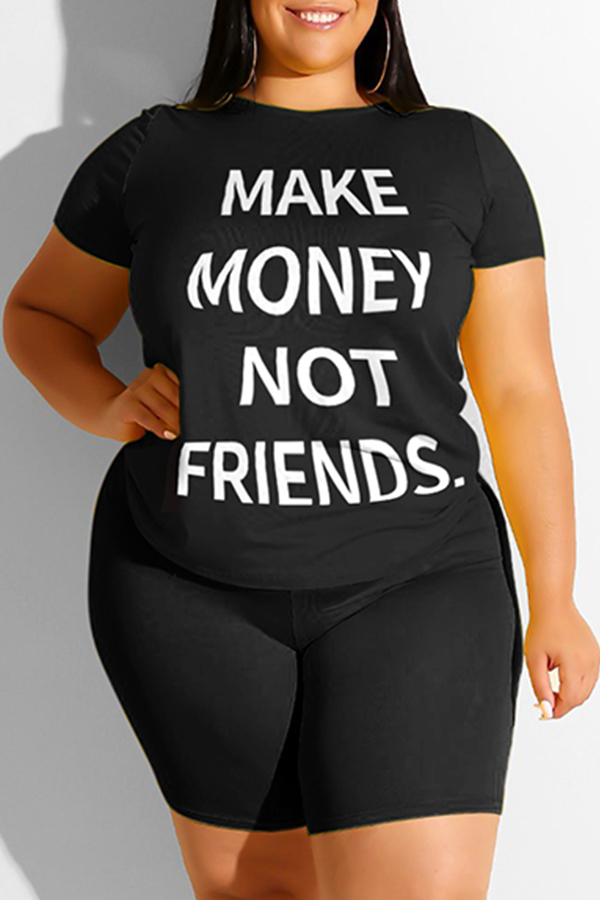 

Lovely Leisure Letter Black Plus Size Two-piece Shorts Set
