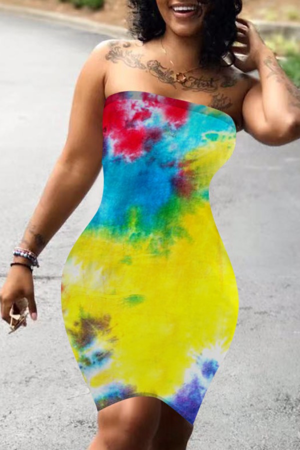 

Lovely Sexy Dew Shoulder Tie-dye Yellow Knee Length Dress