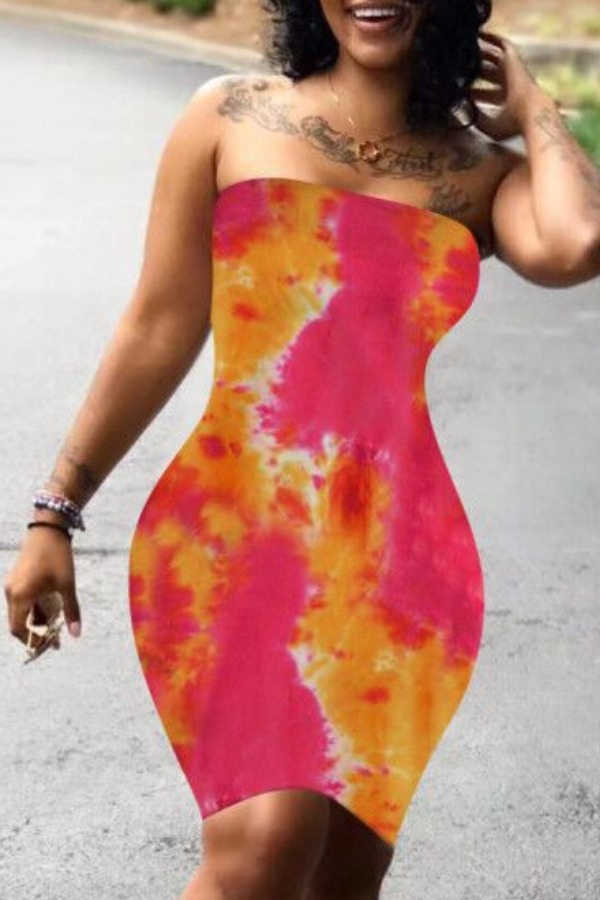 

Lovely Sexy Dew Shoulder Tie-dye Red Knee Length Dress