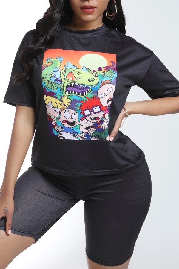 

Lovely Casual Cartoon Print Black Two-piece Shorts Set