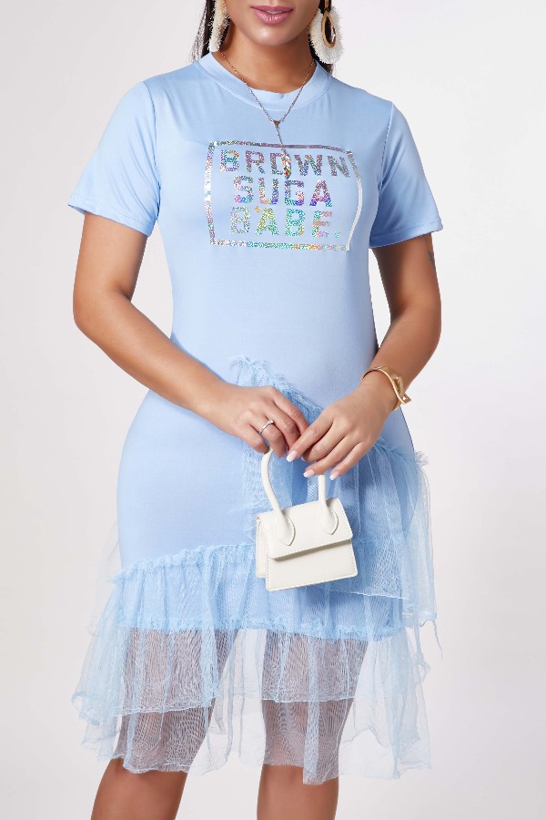 

Lovely Casual Letter Patchwork Baby Blue Knee Length Dress