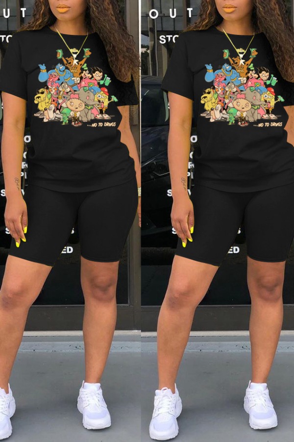

Lovely Casual Cartoon Print Black Two-piece Shorts Set