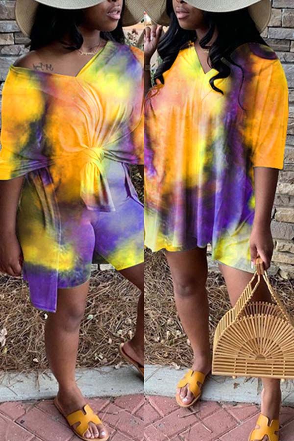

Lovely Casual Tie-dye Yellow Two-piece Shorts Set