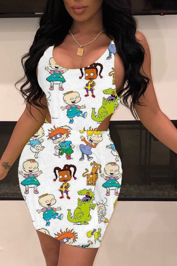 

Lovely Stylish Cartoon Print White Two-piece Skirt Set