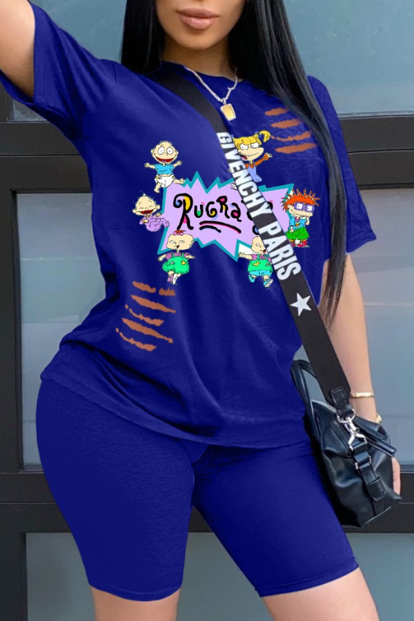 

Lovely Casual Cartoon Print Blue Two-piece Shorts Set