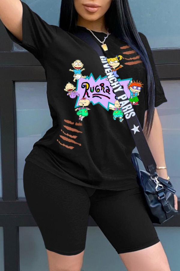 

Lovely Casual Cartoon Print Black Two-piece Shorts Set