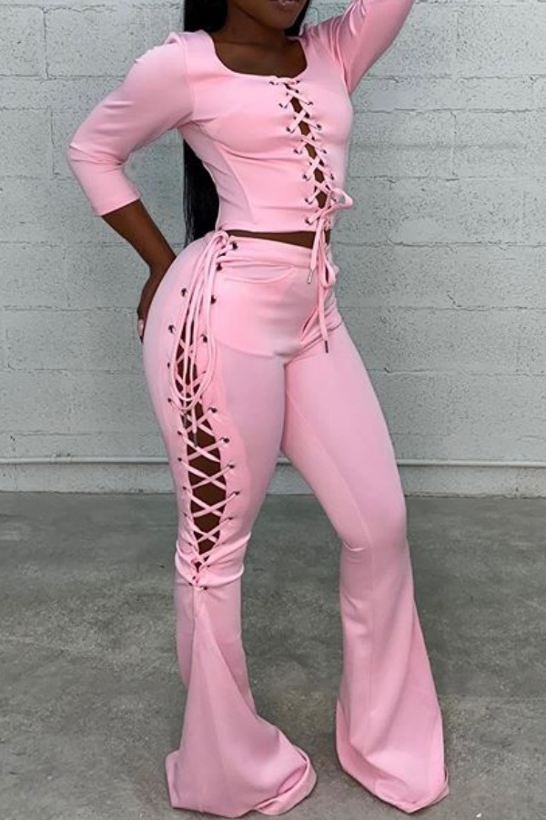 

Lovely Trendy Bandage Design Pink Two-piece Pants Set