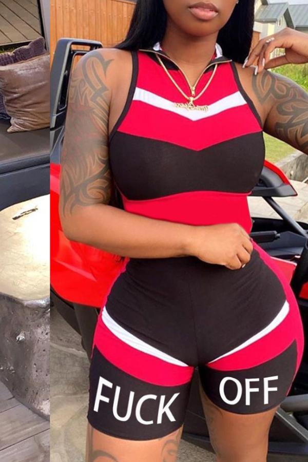

Lovely Sportswear Patchwork Red One-piece Romper
