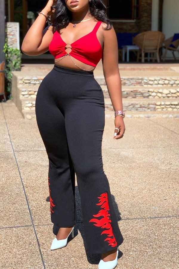

Lovely Sexy Print Red Two-piece Pants Set