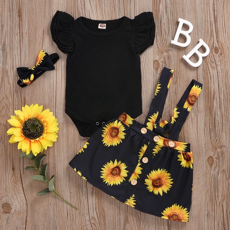 

Lovely Sweet Sunflower Print Black Girl Two-piece Skirt Set