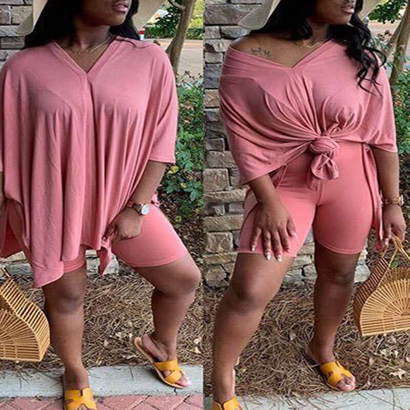 

Lovely Leisure V Neck Basic Pink Plus Size Two-piece Shorts Set