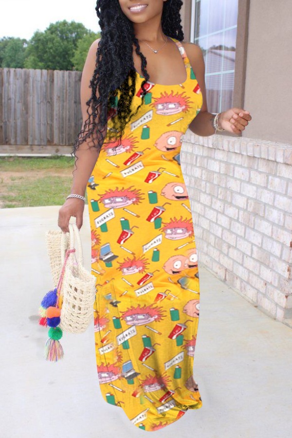 

Lovely Casual Cartoon Print Yellow Maxi Dress