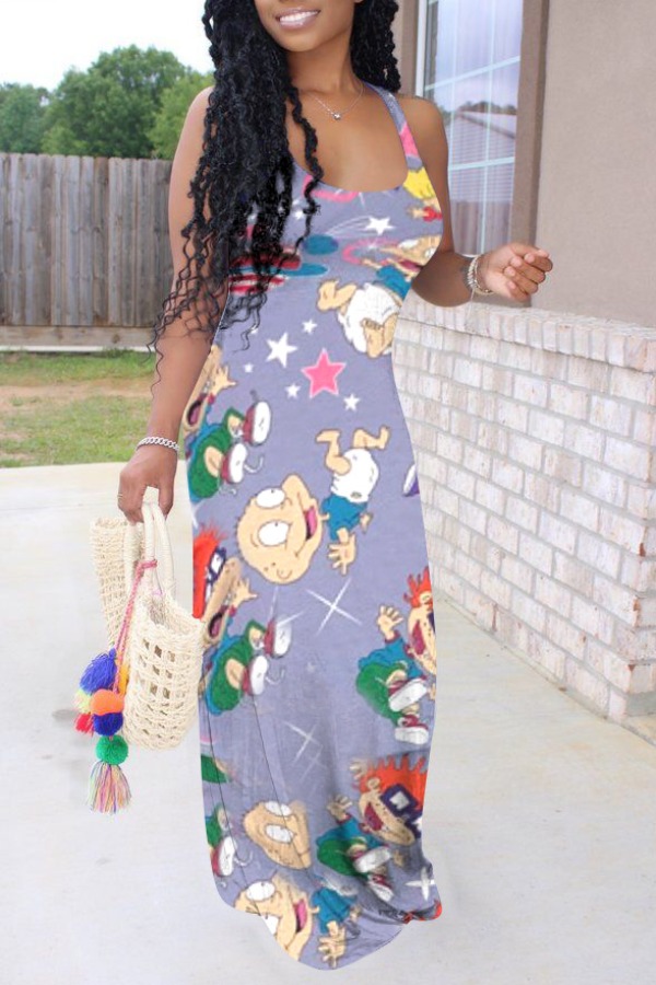 

Lovely Casual Cartoon Print Light Purple Maxi Dress